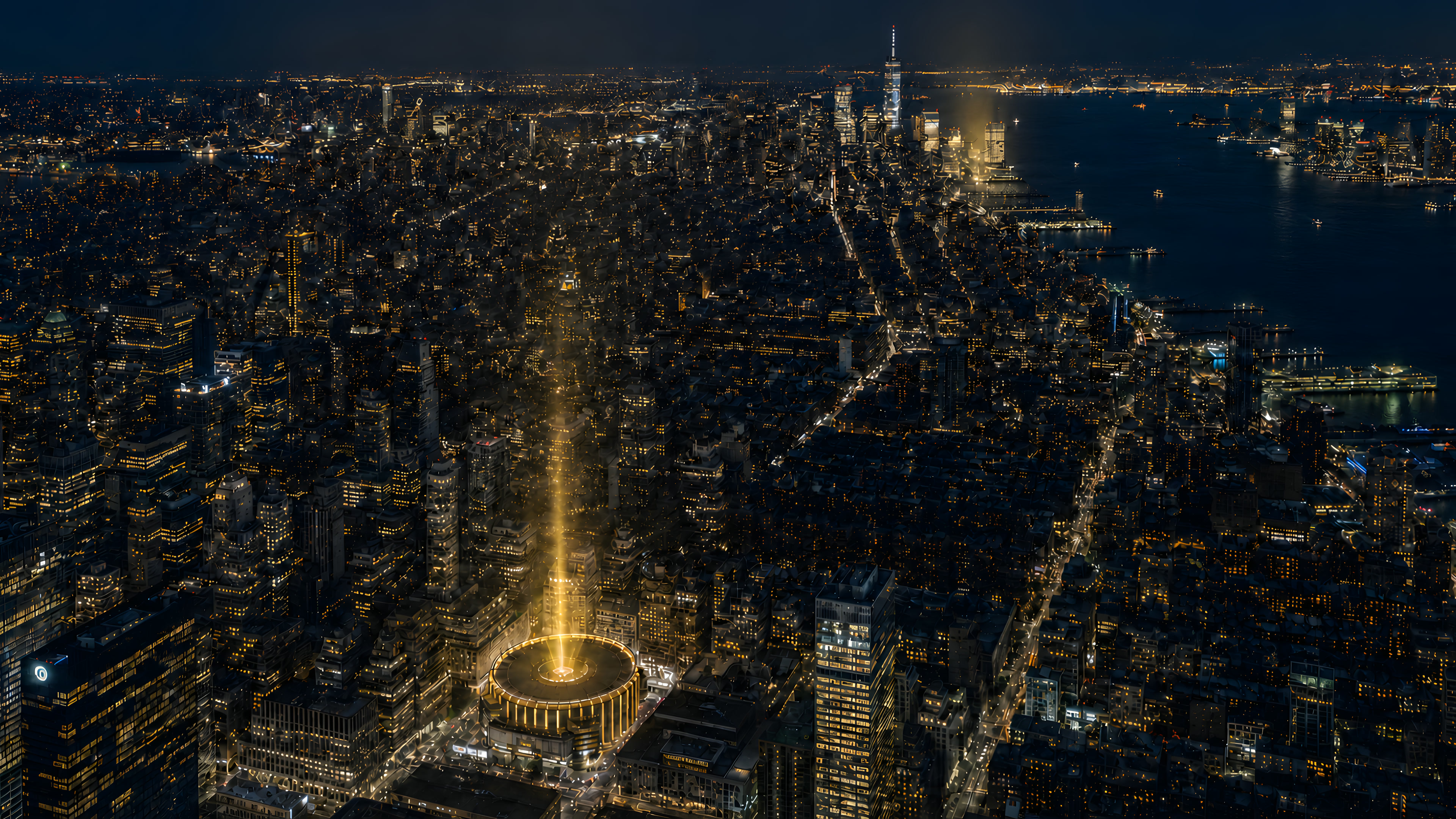 Aerial view of Madison Square Garden and Manhattan illuminated at night